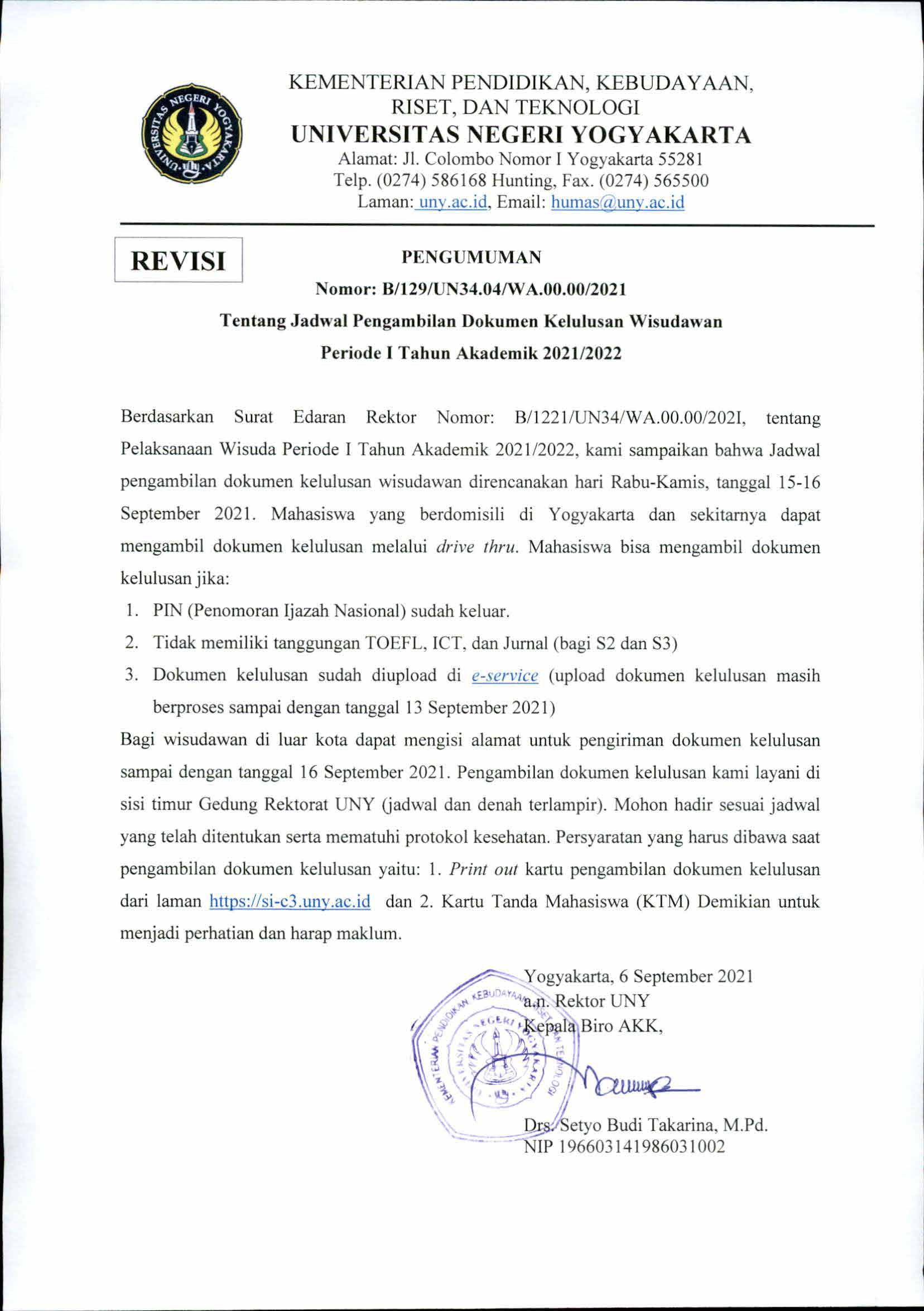  revisi jadwal pengambilan dokumen kelulusan wisudawan periode i tahun